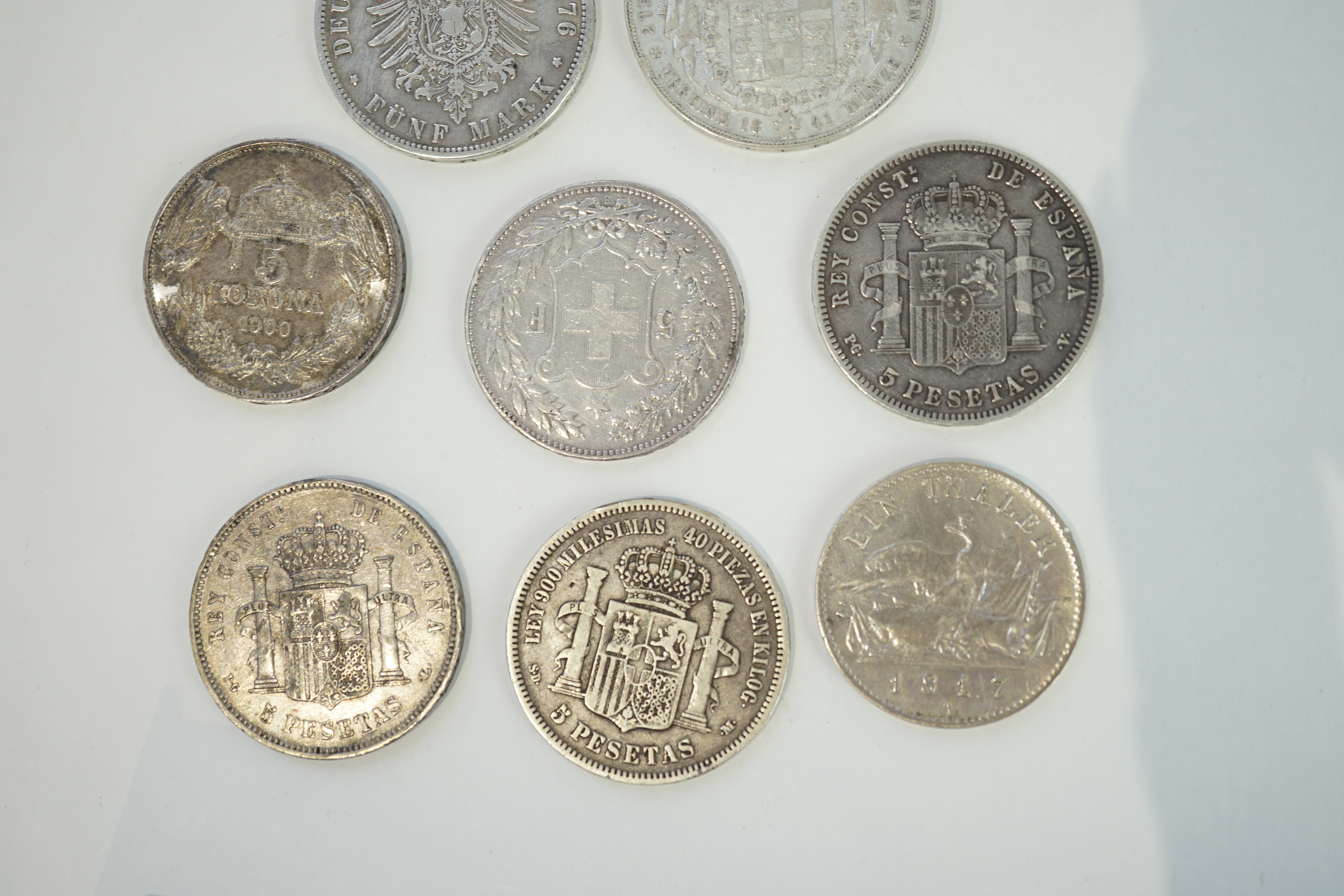 European coins, 18th - 20th century, including German states – Prussia, 1817A one Thaler, 1841A five marks, 1876B five marks, Switzerland, 1890 five francs, Austrian empire, 1900KB five korona, Spain 1871 five pesetas, 1